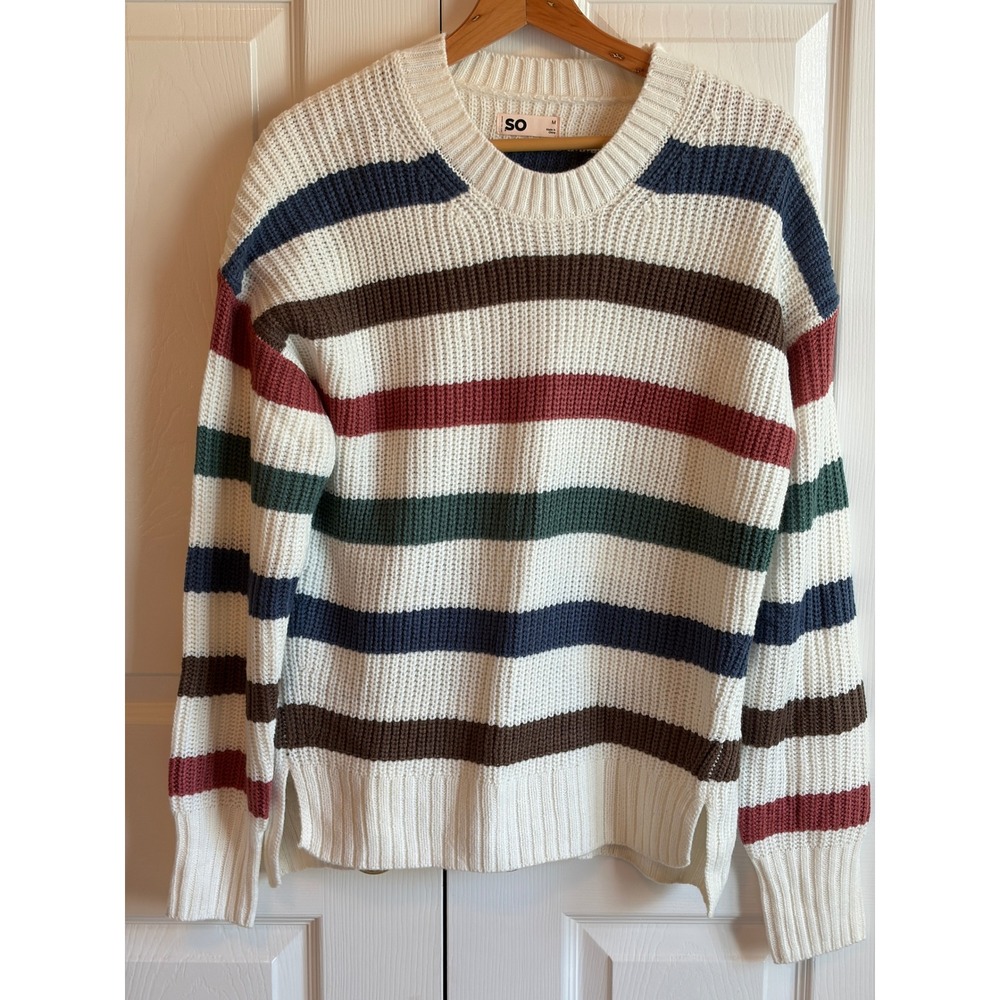 SO Womens Multi Color Striped Crewneck Shaker Stitch Sweater Cream Medium
